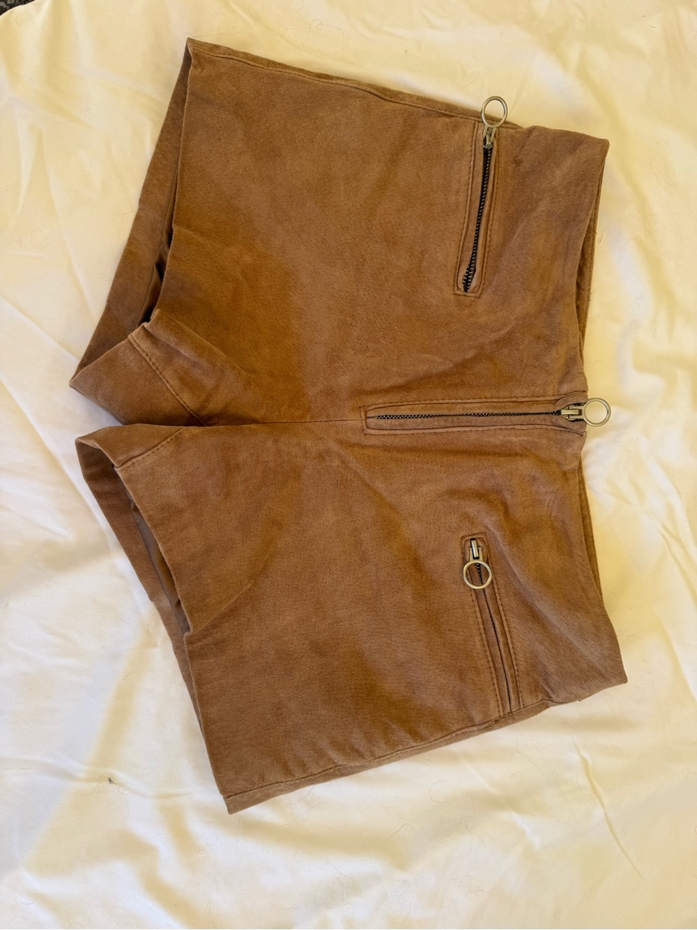 Blank NYC High Waist Suede-Look Shorts in Brown with Ring Zippers